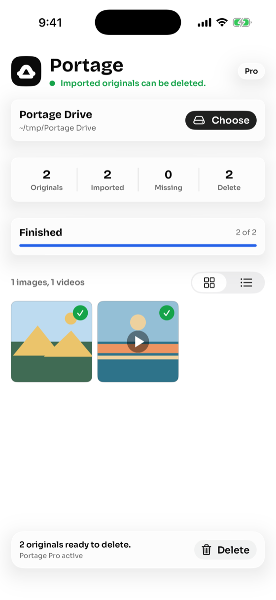 Portage for iPhone showing originals verified and ready to delete